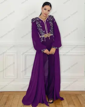 Violetinė ilgomis Rankovėmis Maroko Kaftan Vakaro Suknelės Aplikacijos Duobute Dubajus arabų Šalis Suknelė Suknelė Su chalatas, Kelnės de soiree