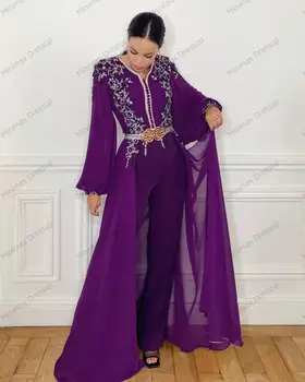 Violetinė ilgomis Rankovėmis Maroko Kaftan Vakaro Suknelės Aplikacijos Duobute Dubajus arabų Šalis Suknelė Suknelė Su chalatas, Kelnės de soiree