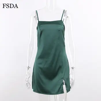 FSDA Backless Pusėje Ritininės Satino Mini Suknelė Spageti Dirželis Rankovių Linija, Casual, Elegantiškas Vasaros Moterų Suknelės