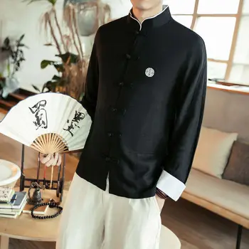MrGoldenBowl Juoda Vintage vyriški Marškiniai 2020 M. Kinijos Stiliaus Vyrų Atsitiktinis ilgomis Rankovėmis Marškinėliai Topai Streetwear Vyras Negabaritinių Palaidinė