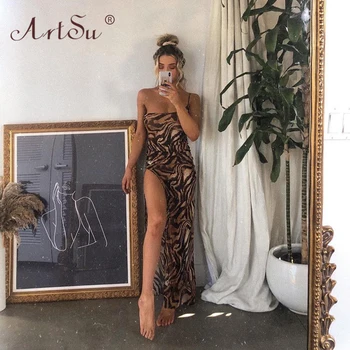 ArtSu Elegantiškas Maxi Suknelė Moteris Vasarą Vieną Petį Slim Clubwear Ilga Suknelė 2020 Tigras Spausdinimo Šalies Seksualus Aukštos Padalinta Suknelė