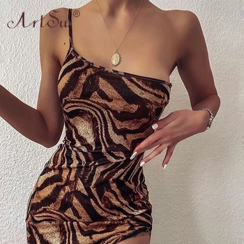 ArtSu Elegantiškas Maxi Suknelė Moteris Vasarą Vieną Petį Slim Clubwear Ilga Suknelė 2020 Tigras Spausdinimo Šalies Seksualus Aukštos Padalinta Suknelė