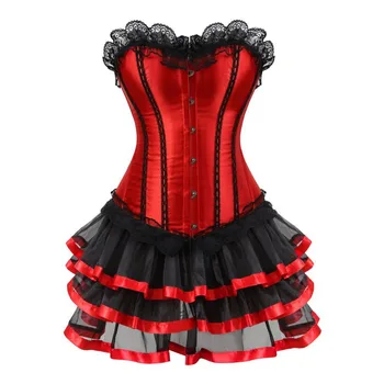Plus Size 6XL Seksualus Parodijos Korsetai Suknelė Vintage Raudona Dryžuota Nėriniai Bustier Overbust Korsetas Viršų Su Sijonu Korsetai Ir Bustiers
