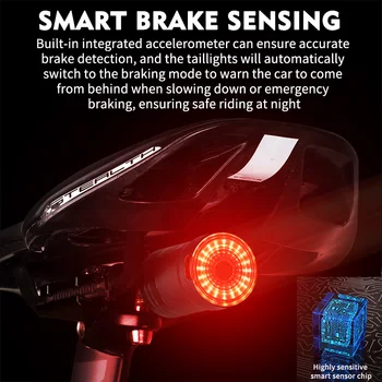 VAKARŲ DVIRAČIAIS, dviračių smart užpakalinis žibintas indukcijos stabdžių užpakalinis žibintas USB įkrovimo IPX6 vandeniui LED įkrovimo dviračių užpakalinis žibintas