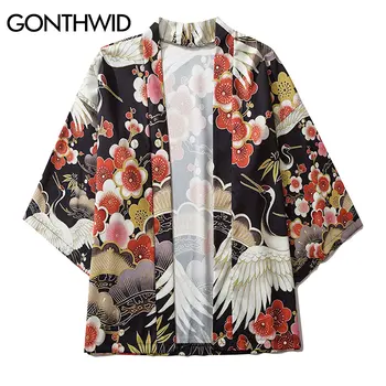 GONTHWID Kranai Vyšnių Žiedų Gėlių Spausdinti Priekiniai Atidaryti Kimono Megztinis Marškinėliai Striukės Streetwear Hip-Hop Harajuku Atsitiktinis Viršūnės