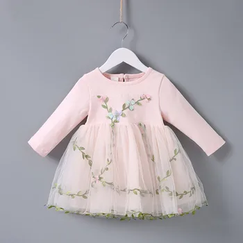 Pavasario Krikšto princess gimtadienio gėlės, žolės siuvinėjimo kūdikių mergaitės vaikų drabužių kamuolys suknelė rožinės spalvos 0-2T