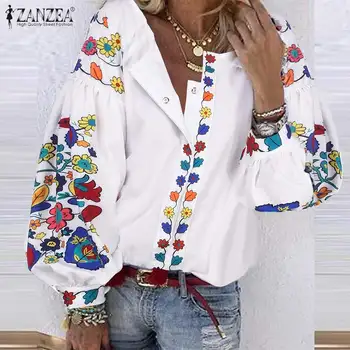 Bohemijos Moterų Rudenį Palaidinė 2021 ZANZEA Atspausdinta Marškinėliai Sluoksniuotos Rankovėmis Marškinėliai Moteriška Gėlių Blusas Moterų Mygtuką Tunika Viršūnes 5XL