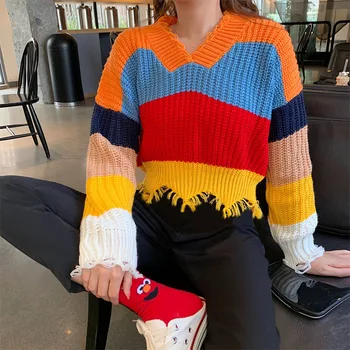 Mados Studentai Trumpas Megztiniai Atsitiktinis Trumpas Moterys Pledas Megztiniai Rudenį Dryžuotos Kelnės Megztos Puloveriai