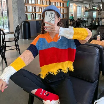 Mados Studentai Trumpas Megztiniai Atsitiktinis Trumpas Moterys Pledas Megztiniai Rudenį Dryžuotos Kelnės Megztos Puloveriai