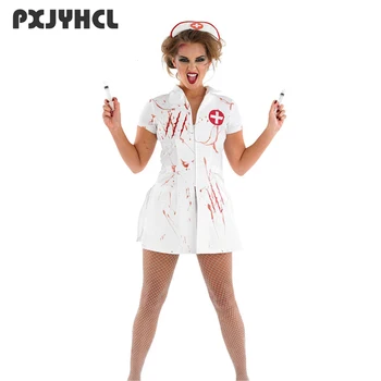 Moteris Slaugytoja, Seksualus Cosplay Kostiumas Helovinas Šalis Dėvėti Balta Baisu Kraujo Vaidmenį, Žaisti Zombie Nuslėpti Išgalvotas Moteriška Suknelė Suaugusiųjų