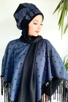 Islami Kıyafet Türban Hijab Müslüman Başörtüsü Eşarp Fular Tesettür Panço Kombin Mavi Kalp Desenli Atkılı Bere Şal Kaulų