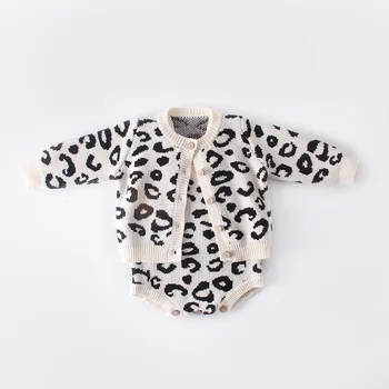 Baby Girl Drabužių Rudens Leopard Megzti Vaikiški Drabužiai Naujagimiui Mergina Romper Medvilnės Baby Cardigan Megztinis Romper Jumpsuit