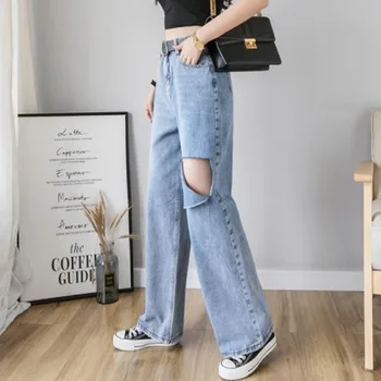 Moteris, Džinsai Aukšto Juosmens Ripped Jeans 2019 Metų Rudens Žiemos Drabužių Pločio Kojų Džinsinio Audinio Drabužius, Mėlyna Streetwear Mados Derliaus Kelnės