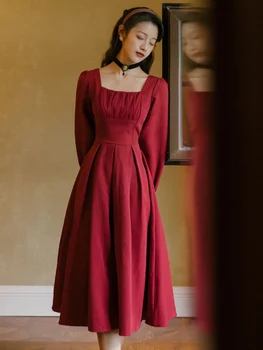 Whcw Cgdsr Vintage Suknelė Šalis Aukšto Juosmens Prabanga ilgomis Rankovėmis 2020-line Boho Žiemos Suknelės Moterims kilimo ir tūpimo Tako Rudenį Elegantiškas Vestido