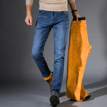 Vyriški įrengtas, žiemą šilta džinsai klasikiniai kišenėje odos, vilnos storas ir patogus medvilnės ruožas jaunimo mados slim ženklo džinsus