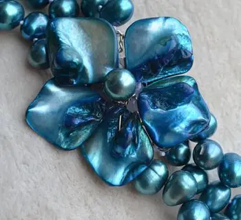 Unikalus Perlų papuošalų Parduotuvė Žalsvai Shell Gėlių Karoliai 3 eilėmis Baroko Originali Gėlavandenių Perlų Vėrinį Magnetas Užsegimas