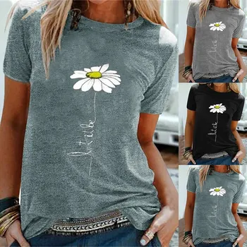 Daisy Gėlių Spausdinti Moterų Vasaros T Shirt O-kaklo trumpomis Rankovėmis Kratinys Tshirts Priežastinis Harajuku Plius Dydžio Drabužius T-shirt
