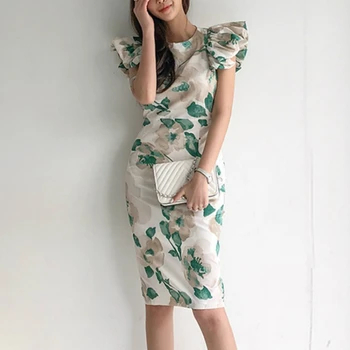 2020 M. Rudenį Žalia Spausdinti Gėlių Atsitiktinis Suknelė Moterims Trumpomis Rankovėmis Korsetas Stora Bodycon Sluoksniuotos Rankovėmis Suknelė Elegantiškas Moteris Korėjos Suknelė