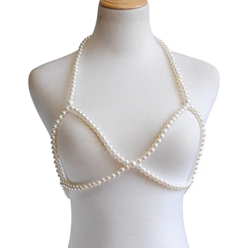 Reguliuojamas Dirbtiniais Pearl Bikini Bralette Panaudoti Karoliai Crossover Kūno Grandinės Liemenėlė Lady Pareiškimą Papuošalai Moterims Moteriški