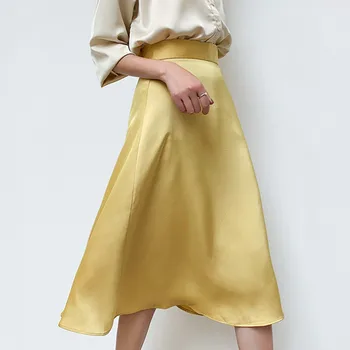 Korėjos Šilko Sijonai Moterims, Elegantiška Biuro Lady Satino Sijonas Moteris Aukštos Juosmens Geltonas Sijonas Faldas Mujer Moda 2020 M. Moteris Kietas Sijonai