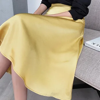 Korėjos Šilko Sijonai Moterims, Elegantiška Biuro Lady Satino Sijonas Moteris Aukštos Juosmens Geltonas Sijonas Faldas Mujer Moda 2020 M. Moteris Kietas Sijonai