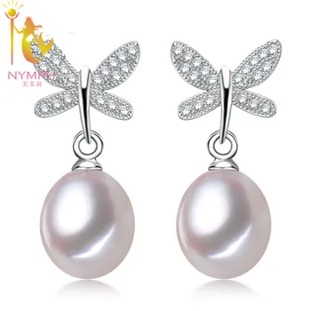 NIMFA, natūralių perlų auskarai fine Jewelry S925 sterlingas sidabro gėlo vandens black pearl auskarai madinga drugelis E1045