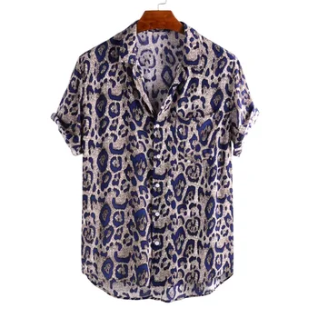 Naujas Mados Aukštos Kokybės Vyrų Vasaros trumpomis Rankovėmis Leopard Print Mygtuką Atvartas Laisvi Marškinėliai Palaidinė Streetwear Mens Vintage marškinėliai