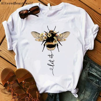 Let It Bee Marškinėlius Moterims Harajuku Korio Trumpas Rankovės marškinėliai Atsitiktinis Tee Viršų Vasara O-kaklo Moterų Bičių Marškinėliai Drabužių Moterų