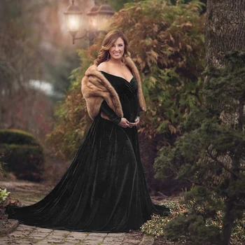 Aksomo Motinystės Suknelė už Nuotrauką Šaudyti Elegantiškas ilgomis Rankovėmis Off Peties ir Žiemos Kūdikių Dušai Sexy V Kaklo Nėštumo Suknelė