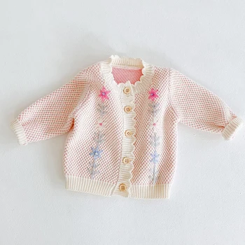 Naujagimio Merginos Megztinis Bamblys Kūdikių Mergaičių Cardigan Megztiniai Megzti Gėlių Siuvinėjimas Outwear Kailis Vaikiška Striukė Kailis