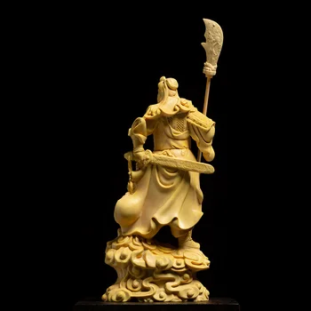 Boxwood Drožyba Turto Dievas Guanyu Statula Amatų Gong Guan Skulptūra Automobilių Buda Apdailos Namų Dekoro