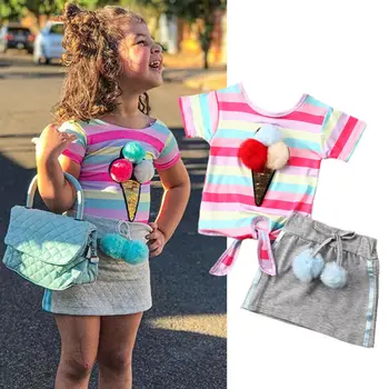 2020 2VNT Bamblys Vaikams, Vaikiška Mergina Drabužių Rinkiniai Vaivorykštė Dryžuotas Princesė Viršūnės T-shirt Mini Sijonas Suknelės