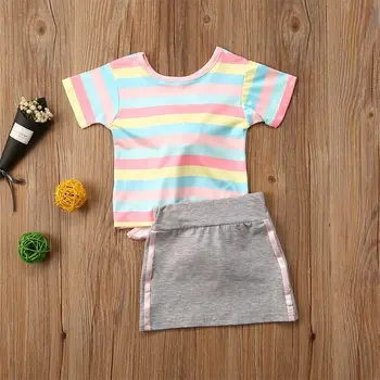 2020 2VNT Bamblys Vaikams, Vaikiška Mergina Drabužių Rinkiniai Vaivorykštė Dryžuotas Princesė Viršūnės T-shirt Mini Sijonas Suknelės