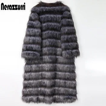 Nerazzurri Žiemos ilgas storas šiltas pūkuotas dryžuotas dirbtiniais kailių paltai moterims 2020 Furry netikrą sidabrinės lapės kailinius Plius dydis mados 5xl