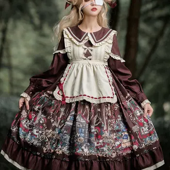 Japonijos Gothic Lolita Op Suknelė Moterims Saldus Pasakų Miestas Spausdinimo Ilgomis Rankovėmis Princesė Dress Mergaitė Prašmatnus Bowknot Arbata Šalis Suknelės