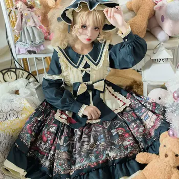 Japonijos Gothic Lolita Op Suknelė Moterims Saldus Pasakų Miestas Spausdinimo Ilgomis Rankovėmis Princesė Dress Mergaitė Prašmatnus Bowknot Arbata Šalis Suknelės