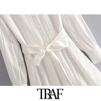 TRAF Moterų Elegantiškos Mados Tuščiaviduriai Iš Siuvinėjimo Su Diržo Mini Suknelė Vintage Aukšta Apykakle ilgomis Rankovėmis Moterų Suknelės Mujer