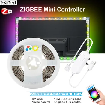 Zigbee mini USB Valdiklis+ 3M 5V RGBCCT 5050 RGB+2835 BMT RGBCW TV/VNT LED juostelės šviesos rinkinys su ZIGBEE 3.0 Hu/e 