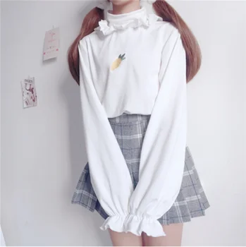 Japonijos saldus lolita Žiemą šilta, siuvinėjimo, spausdinimo Aukšta apykakle ilgomis rankovėmis marškinėliai minkštųjų mergina kawaii princesė temperamentas marškinėliai