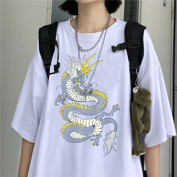 Streetwear Viršūnes moteriški marškinėliai Ulzzang Harajuku senovinių Kinų Drakonas print T-Shirt Vasarą Naujas Negabaritinių Prarasti Atsitiktinis Moterų