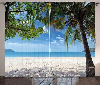 Vasaros Užuolaidos Atogrąžų Paplūdimio Vandenyne Už Palmių Karibų Egzotiškų Atostogų Vaizdo Kambarį Miegamojo Langų Dekoro Skydelis