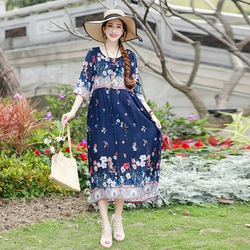 2019 Naujo Stiliaus Medvilnės skalbiniai Vasaros suknelė Mados Spausdinimo Prarasti didelio dydžio Moterų ilgas, Maxi suknelė Vestidos Skraiste Elbise