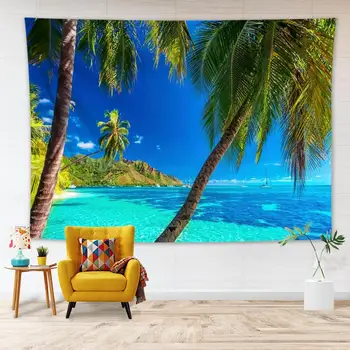 Vasaros Paplūdimys, Palmių Medis, Gobelenas Tropinių Jūrų Vandenyno Pajūrio Sala Valtis Gobelenas Sienos Kabo Apsauginės Paplūdimio Rankšluostį Staltiesė