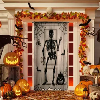 Helovinas šliaužti mažai dvasios nėrinių užuolaidos Helovinas durų ir langų apdailos baisu skull juodos užuolaidos Helovinas šalis