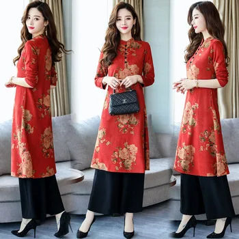 Etninės moteriški drabužiai nuo 2018 m. rudenį naujų lieknėjimo retro pagerėjo cheongsam suknelė kelnės set-dviejų dalių kostiumėlį