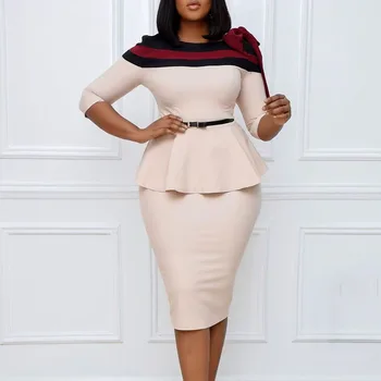 2020 M. Rudenį Office Midi Suknelė Afrikos Moterims, Elegantiškas Vestidos Bowknot Spalvos Bloką High Waisted Peplum Bodycon Plius Dydis Suknelės