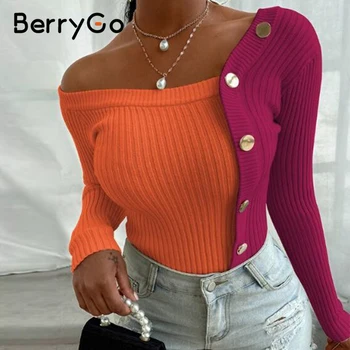 BerryGo Seksualus spalvotų dryžuotas megztinis Slim fit siūlėmis mygtuką ilgomis rankovėmis įgulos kaklo megztiniai Megztinis naktinis klubas mados drabužiai