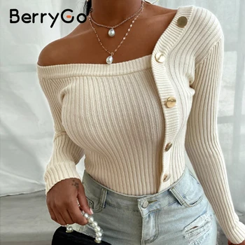 BerryGo Seksualus spalvotų dryžuotas megztinis Slim fit siūlėmis mygtuką ilgomis rankovėmis įgulos kaklo megztiniai Megztinis naktinis klubas mados drabužiai