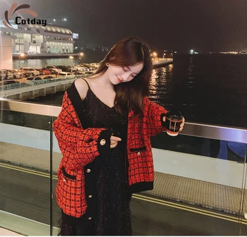 Cotday V-Kaklo Mezgimo Studentų Korėja Stiliaus Raudonos Visas rungtynes 2020 metų Mados Rudenį, Moterų, Prabangos Zawalcowany susagstomi megztiniai Megztinis Drabužiai