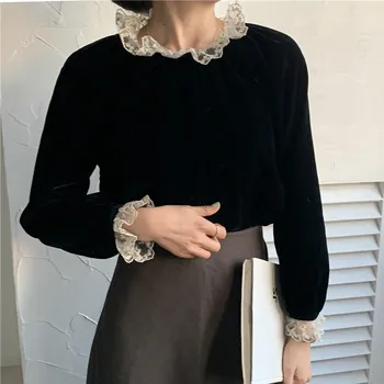 Ezgaga Prancūzų Stiliaus Vintage Marškinėliai Moterims Nėrinių Kratinys Balck Aksomo Viršūnes Prašmatnus 2020 M. Rudens Mados Marškinėliai Office Lady Elegantiškas